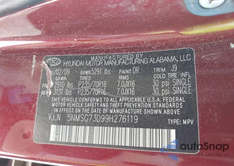 2009 Hyundai Santa Fe Gls из США, поврежденный, VIN 5NMSG73D99H276119